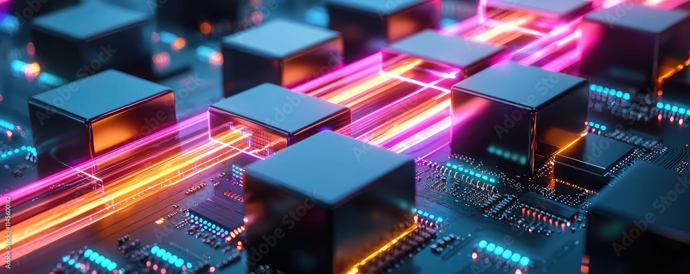 Poster inventory management concept. vibrant microchip design showcasing neon circuitry and modern electron