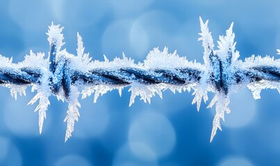 Frosty barbed wire close-up, winter scene.
