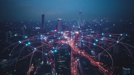Fototapeta premium Smart digital city with connection cyber security network reciprocity over the cityscape . future smart wireless digital city and social media networking systems that connects people within the city