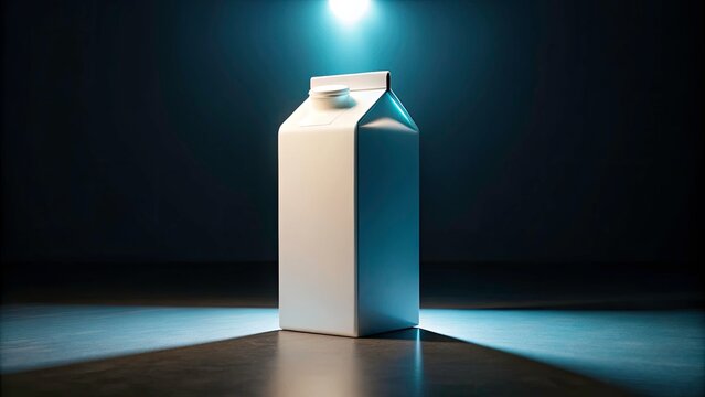 Night Photography Delicious Milk Box, Isolated Milk Carton,  Dark Background Milk Package,  Creamy Milk Product, Night Shot Dairy Product