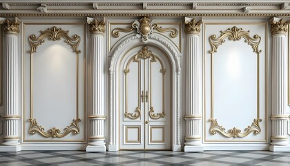 Obraz premium A grand, ornate wooden door with intricate carvings and decorative columns in a luxurious, classical architectural style
