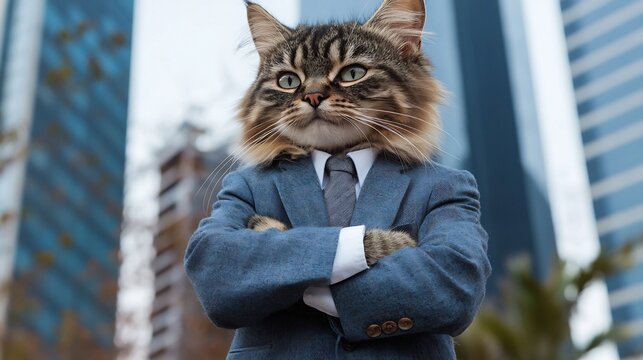 A Manx cat dressed in a formal business suit with a tie standing with arms crossed in a confident pose in front of a towering skyscraper in an urban city setting symbolizing success leadership