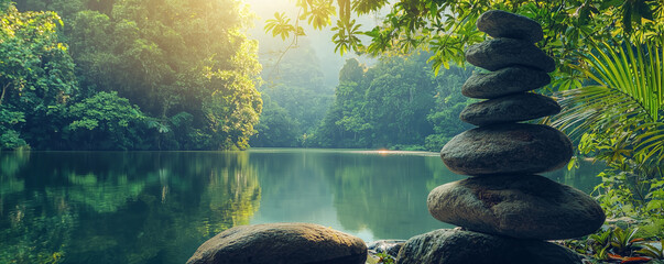 Stack of zen stones with nature background