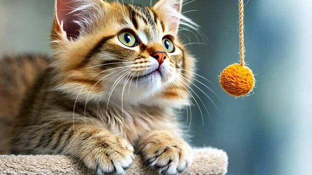 The cute kitten with fluffy fur and vibrant eyes playfully pounces on a dangling toy, staring intently with curiosity in its playful nature while exploring the indoors.