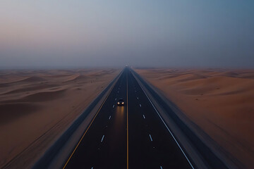 Fototapeta premium An empty highway stretching through a dark desert with a distant horizon.