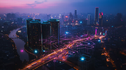 Fototapeta premium Smart digital city with connection cyber security network reciprocity over the cityscape . future smart wireless digital city and social media networking systems that connects people within the city