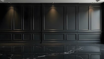 Obraz premium A dark, elegant room with black paneled walls and a marble floor