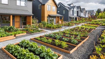 Net zero sustainability idea. A vibrant community garden with well-organized vegetable plots and modern homes.