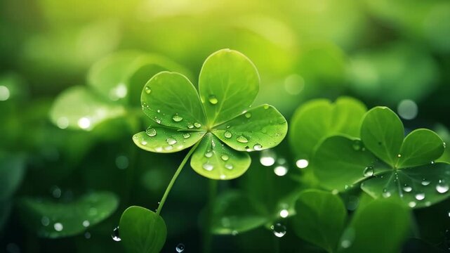 Macro view of green four-leaf clover with morning dew with blurred background, St. Patricks Day luck.