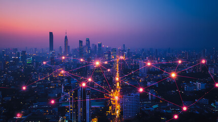 Obraz premium Smart digital city with connection cyber security network reciprocity over the cityscape . future smart wireless digital city and social media networking systems that connects people within the city