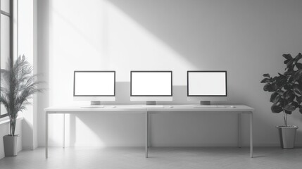 Modern Minimalist Workspace: Three iMacs on a White Desk