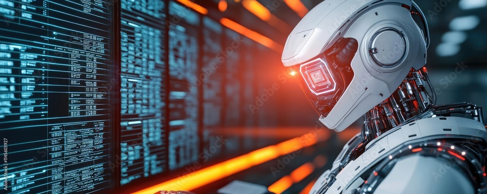 Poster Inventory management concept. Futuristic robot analyzing data in a high-tech environment, showcasing advanced design.