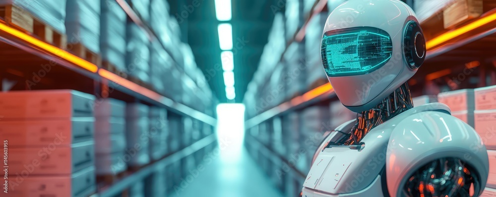 Poster inventory management concept. futuristic robot in a high-tech warehouse with glowing shelf lights.