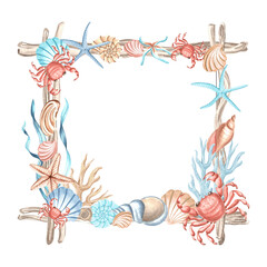 Crabs, seashells with corals and seaweed with starfishes. Square frame. Hand drawn watercolor illustration isolated. Marine border with copy space. Underwater reef animals. Template for card, print.