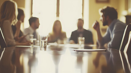 Blurred image of a business meeting in progress.  Focus on a glass of water on a polished conference table.  Sunlight streams through a window, creating a warm, professional atmosphere.
