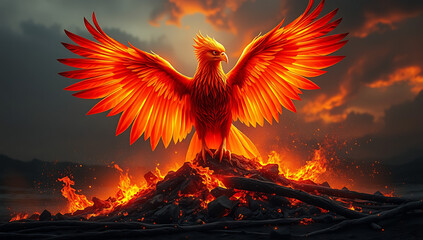 &ldquo;Phoenix Rising from Ashes&rdquo; &ndash; A blazing phoenix emerging from fiery ashes with glowing red and gold feathers, illuminating a darkened landscape.
