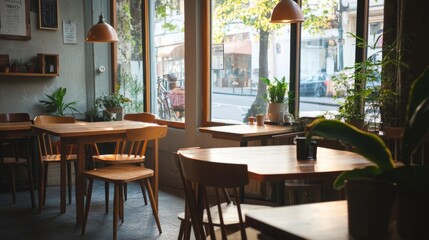 Fototapeta premium Cozy and modern coffee shop interior with wooden furniture, warm lighting, and large windows overlooking the street, creating an inviting atmosphere
