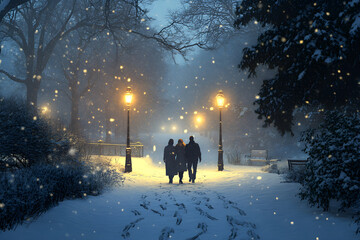 Naklejka premium Love's Winter Journey: Romantic Walks in Snowy Parks Hand in Hand