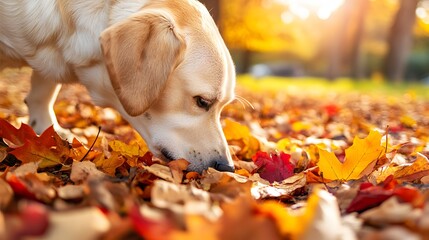 Golden Dog Sniffing Autumn Leaves Outdoors