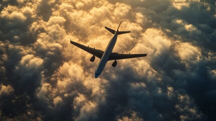 Plane in cloudy sky. Plane flight in cloudy sky. Plane in sky. Plane in sky at dawn