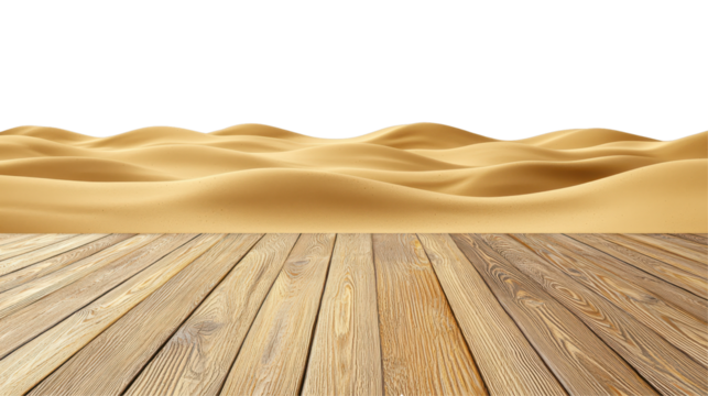 Serene Wooden Plank Surface Overlooking Golden Desert Dunes isolated on transparent or white background, png