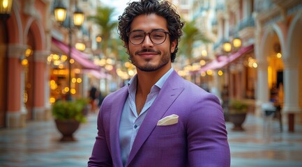 Fototapeta premium Confident man in stylish suit smiles warmly while standing in a vibrant shopping mall during daylight