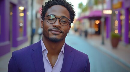 Fototapeta premium Confident man in stylish suit smiles warmly while standing in a vibrant shopping mall during daylight