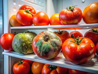Spoiled Tomatoes Refrigerator - Rotten Food Decay, Moldy Produce, Mushy Tomatoes, Fridge Waste, Deep Depth of Field Image