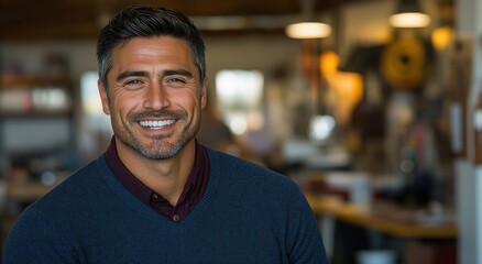 Fototapeta premium Confident man smiling in a modern workspace with warm ambient lighting, showcasing a relaxed atmosphere and stylish attire