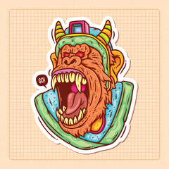 Gorilla Warrior Hand Drawn Color Doodle Illustration