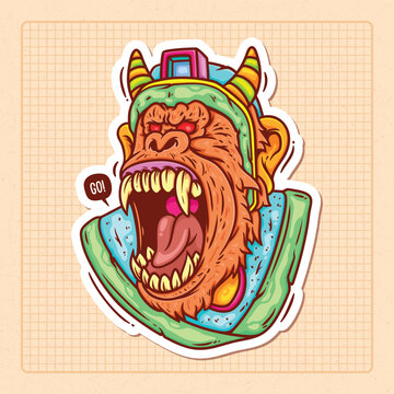 Gorilla Warrior Hand Drawn Color Doodle Illustration
