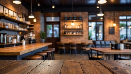Empty wooden table top with lights bokeh on blur restaurant background