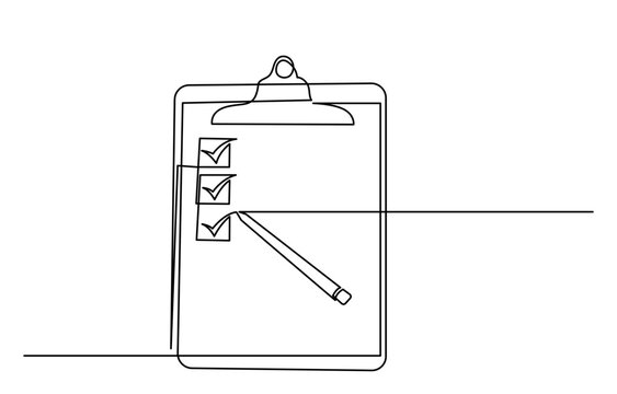 recommend clip art: Continuous line drawing of Clipboard with checklist and pen.To do list with ticks and concepts for test expertise and exam in simple linear style.line art Clipboard vector illustration.