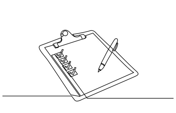 recommend clip art: Continuous line drawing of Clipboard with checklist and pen.To do list with ticks and concepts for test expertise and exam in simple linear style.line art Clipboard vector illustration.