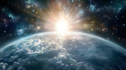 Fototapeta premium Celestial sunrise over earth space digital art cosmic environment aerial view astronomical wonder