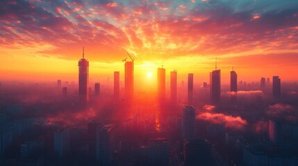 Fototapeta premium Sunset over a city skyline with dramatic clouds.