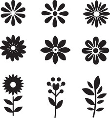 Collection of Simple Black Silhouette Flower Icons for Design Projects