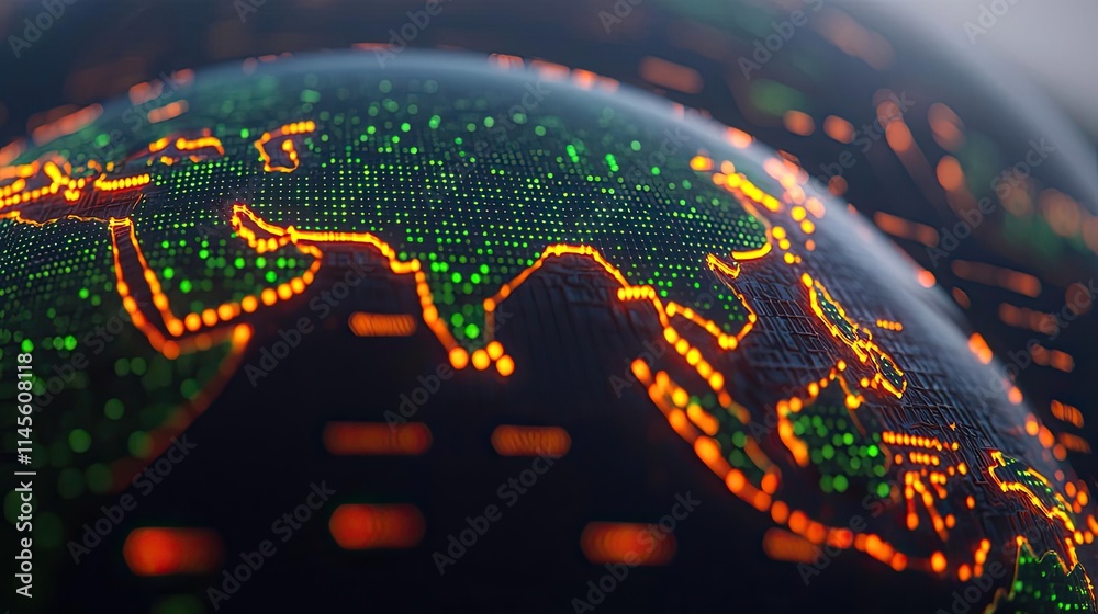 Poster Net zero sustainability idea. Close-up of a globe displaying intricate digital data and network connections.