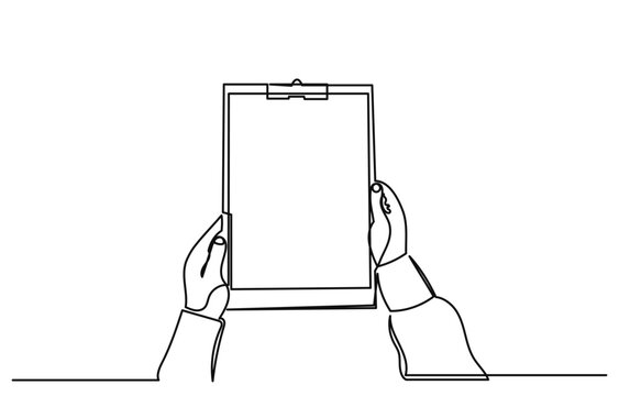 recommend clip art: continuous line drawing of hands holding a clipboard with the checklist.To do a list with ticks and concepts for test expertise and exams in a simple linear style.line art Clipboard vector.