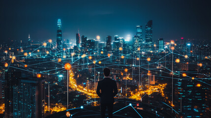 Fototapeta premium Smart digital city with connection cyber security network reciprocity over the cityscape . future smart wireless digital city and social media networking systems that connects people within the city