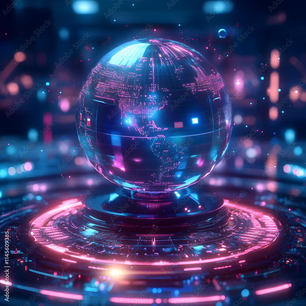 Sticker a glowing sphere with a globe on top of it. the sphere is surrounded by a colorful, futuristic backg
