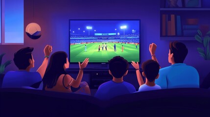 Side view shot of Group of family member shouting as India to support Indian Cricket Team while watching on tv at home - concept of Energetic fans, Cheering Family and Team Spirit.