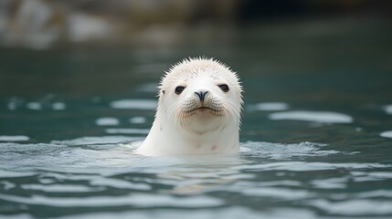 A White Seal Pup Emerging From Water