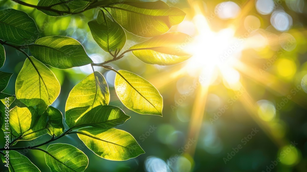 Poster macro natural idea. sunlight filtering through lush green leaves in a serene nature setting.