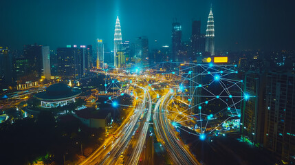 Obraz premium Smart digital city with connection cyber security network reciprocity over the cityscape . future smart wireless digital city and social media networking systems that connects people within the city