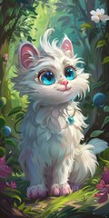 A fluffy white kitten with big blue eyes sits in a lush green forest, looking up with a sweet expression.