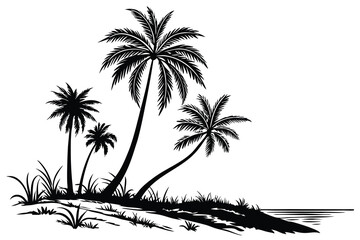 coconut tress silhouette on white background black color line art G.eps