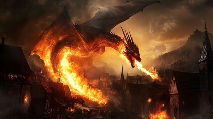 Fototapeta premium Epic dragon battle ignites fiery chaos over ancient village at dusk fantasy artwork dark environment dramatic viewpoint