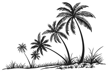 coconut tress silhouette on white background black color line art F.eps