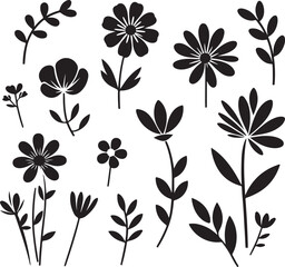 Extensive Set of Black Silhouette Floral Icons and Illustrations for Design